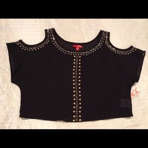 Black Sheer Gold Studded Cold Shoulder Crop Top